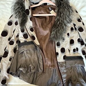 Chic Polka Dot Bomber Jacket with Raccoon Fur Trim, with tags